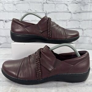 Clarks Womens Cora Braid Loafer Size‎ 11 M Burgundy Leather Slip On Shoe Flat
